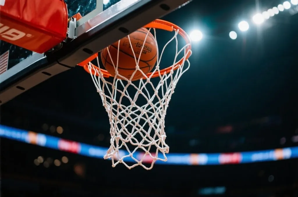 A basketball swooshing through a net in a brightly lit arena